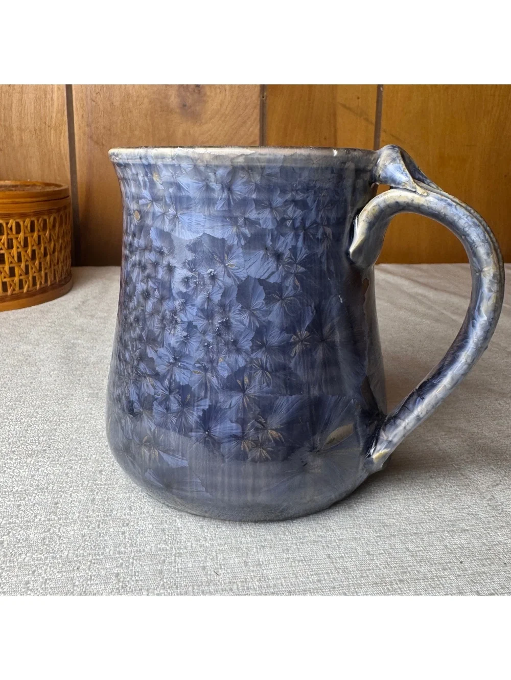 Vintage Studio Pottery Blue Crystalline Glaze Mug Handmade Signed 4.25 Inch
